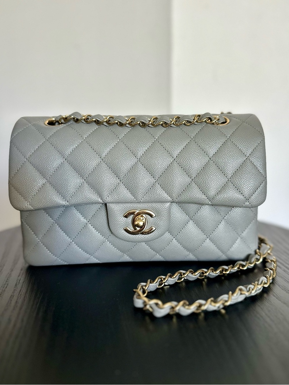 CHANEL Small Classic Flap Bag in Light Gray Caviar Leather with Gold Hardware